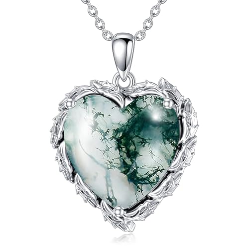 Genuine Gemstone Heart Necklaces for Women 925 Sterling Silver Natural Turquoise/Rose Quartz/Moonstone Pendant Vintage Western Jewelry Gift for Mom Wife Her