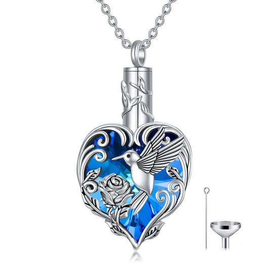 TOUPOP Hummingbird Urn Necklace for Ashes 925 Sterling Silver Heart Cremation Jewelry Keepsake Pendant with Funnel Filler Memorial Christmas Gifts for Women Mom Wife