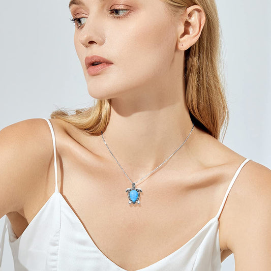 Turtle Necklace 925 Sterling Silver Genuine Gemstone Sea Turtle Pendant Ocean Beach Theme Animal Jewelry Gifts for Women Turtle Lovers