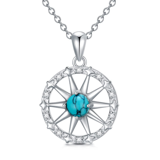 Compass Necklace 925 Sterling Silver Genuine Turquoise Nautical Compass Pendant Dream Graduation Inspirational Jewelry Gifts for Women