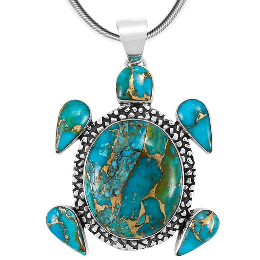 Turtle Turquoise Pendant Necklace 20" Sterling Silver 925 Genuine Gemstones (Choose Color)