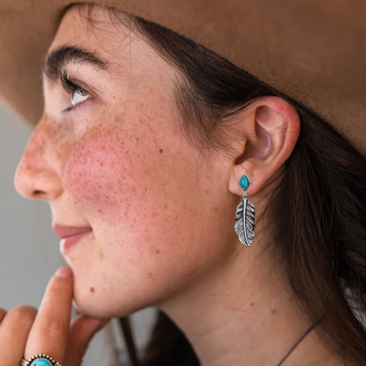 Genuine Turquoise Leaf Earrings, Sterling Silver Dangle Drop Vintage Boho Feather Earrings Birthday Gift for Women