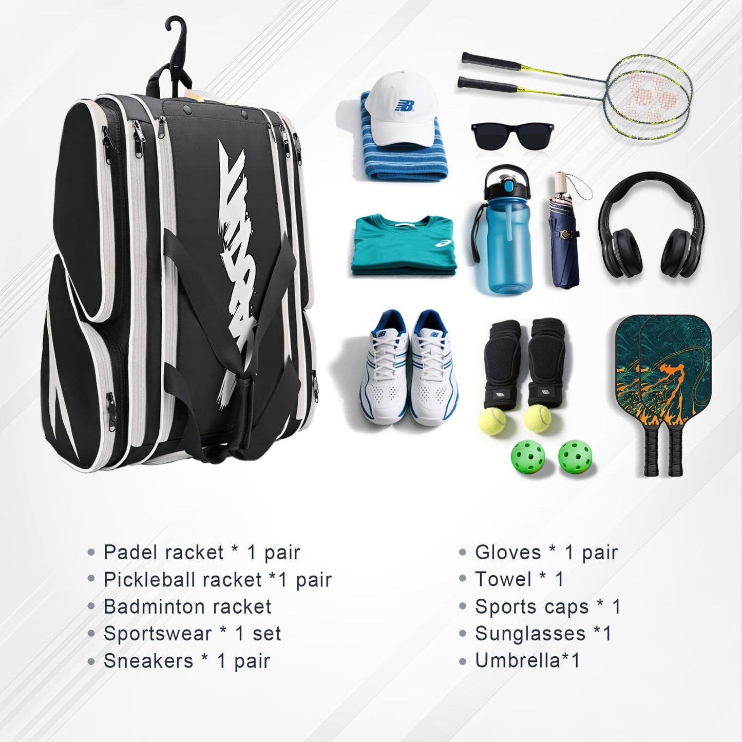 Pickleball Bag - Large Paddle Bag for 4 Paddles & Accessories - Fence Hook, Extra Pockets, Shoe Compartment