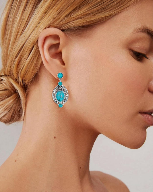 Genuine Turquoise Dangle Vintage Earrings, Sterling Silver Boho Native American Western Jewelry for Women
