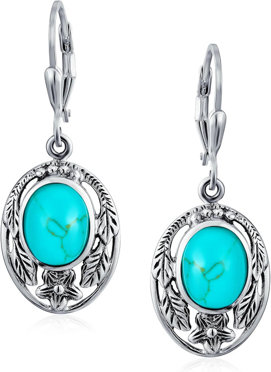 Boho Native American Style Marquise Shaped Gemstone Stabilized Blue Turquoise Coral Leaf Feather Dangling Earrings Western Jewelry For Women Teens Lever Back Oxidized .925 Sterling Silver