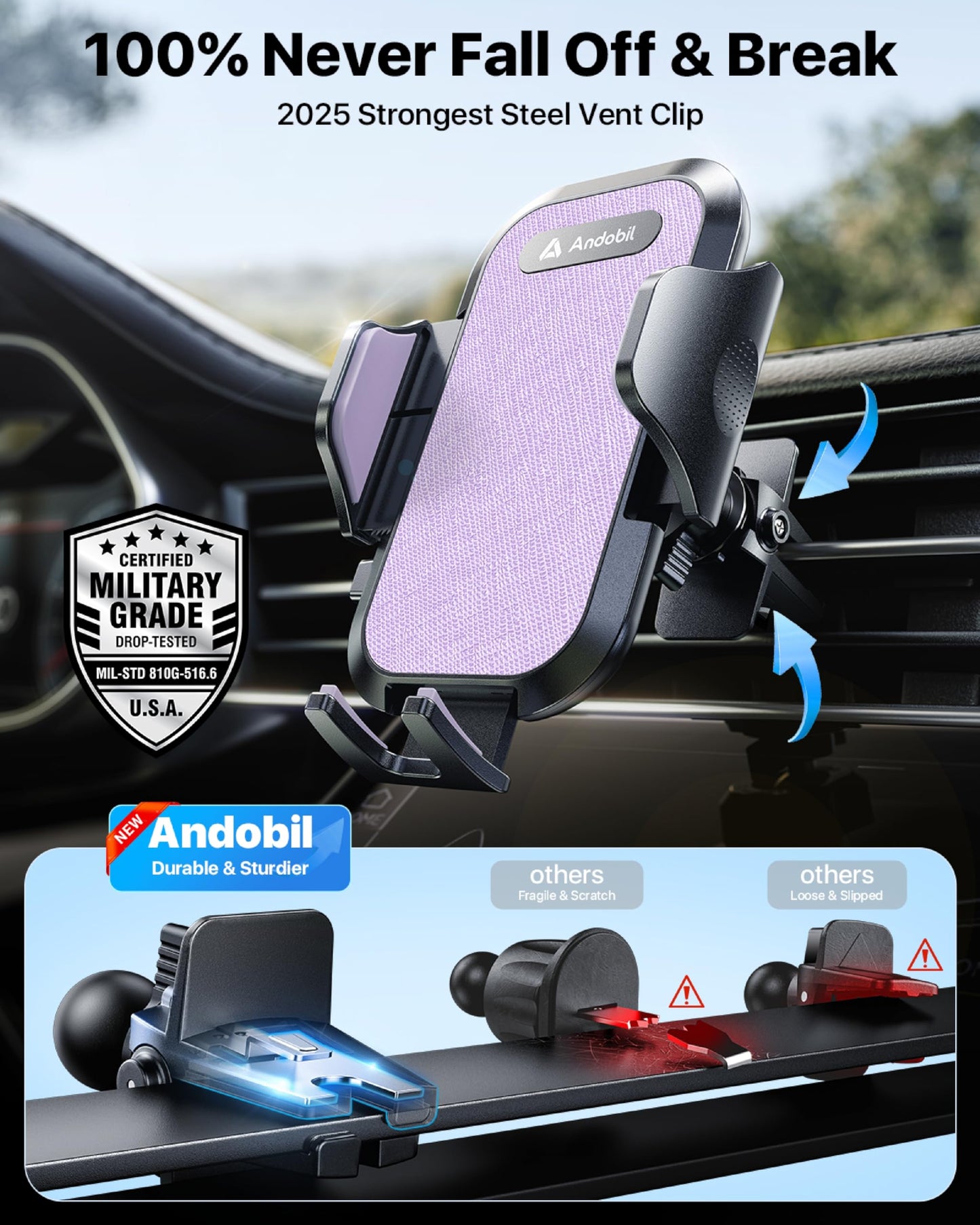 andobil Car Phone Holder, 2026 Military-Grade 89lbs Strongest Suction Phone Holders for Your Car Dashboard/Windshield/Vent Easy Clamp Car Phone Mount Stand for iPhone 17 16 15 14 13 Pro Max Samsung
