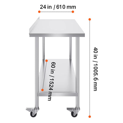 Stainless Steel Work Table Commercial Food Prep Worktable with Casters Heavy Duty Prep Worktable for Restaurant Home Hotel
