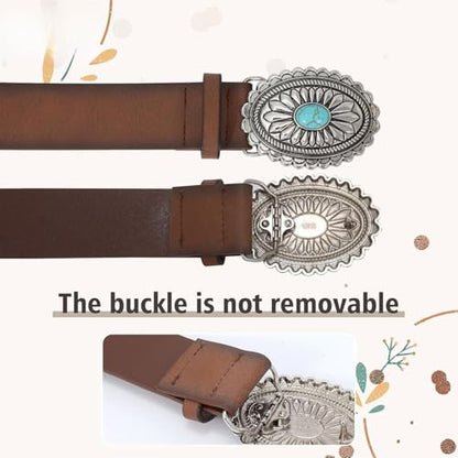 Women's Western Genuine Leather Belt Vintage Turquoise Buckle Cowgirl Concho Belt