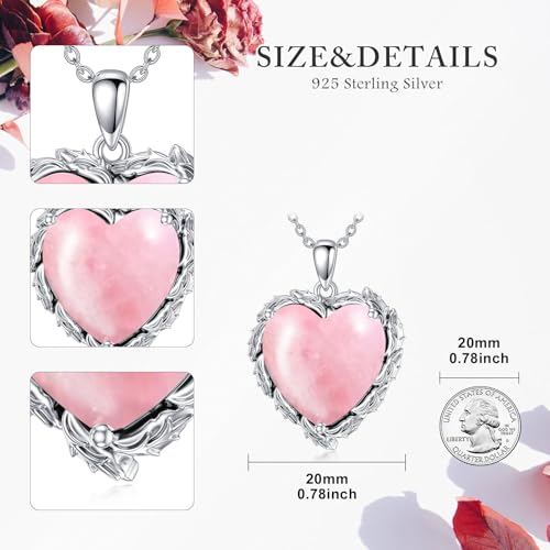 Genuine Gemstone Heart Necklaces for Women 925 Sterling Silver Natural Turquoise/Rose Quartz/Moonstone Pendant Vintage Western Jewelry Gift for Mom Wife Her