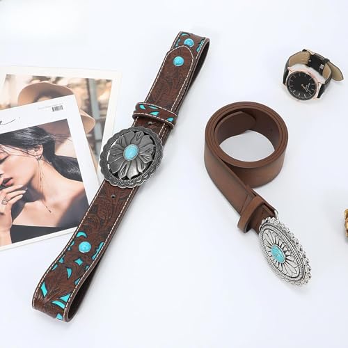Women's Western Genuine Leather Belt Vintage Turquoise Buckle Cowgirl Concho Belt