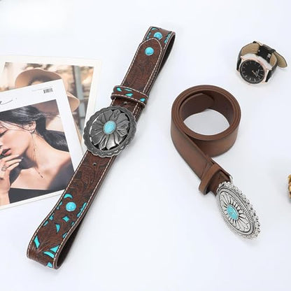 Women's Western Genuine Leather Belt Vintage Turquoise Buckle Cowgirl Concho Belt