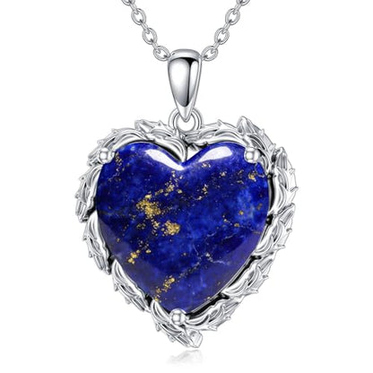 Genuine Gemstone Heart Necklaces for Women 925 Sterling Silver Natural Turquoise/Rose Quartz/Moonstone Pendant Vintage Western Jewelry Gift for Mom Wife Her