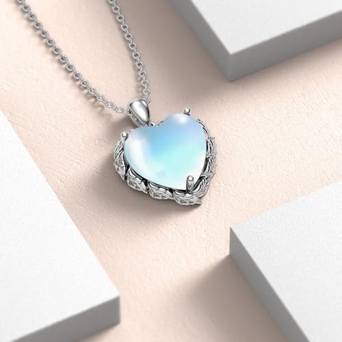 Genuine Gemstone Heart Necklaces for Women 925 Sterling Silver Natural Turquoise/Rose Quartz/Moonstone Pendant Vintage Western Jewelry Gift for Mom Wife Her