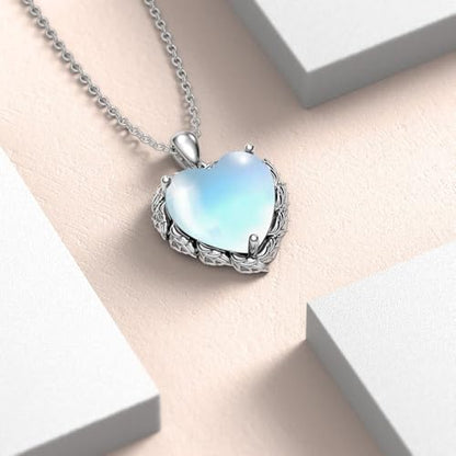 Genuine Gemstone Heart Necklaces for Women 925 Sterling Silver Natural Turquoise/Rose Quartz/Moonstone Pendant Vintage Western Jewelry Gift for Mom Wife Her