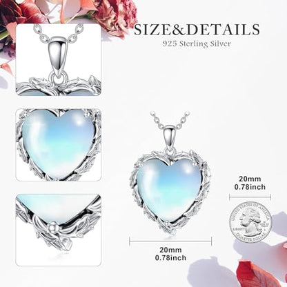 Genuine Gemstone Heart Necklaces for Women 925 Sterling Silver Natural Turquoise/Rose Quartz/Moonstone Pendant Vintage Western Jewelry Gift for Mom Wife Her
