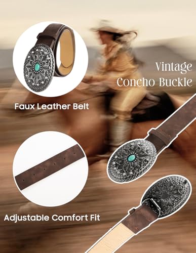 Women's Western Genuine Leather Belt Turquoise Buckle Cowgirl Country Style