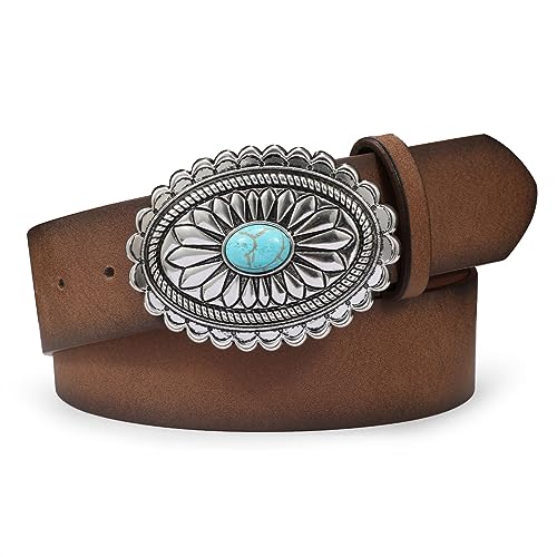 Women's Western Genuine Leather Belt Vintage Turquoise Buckle Cowgirl Concho Belt