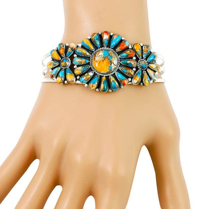 Turquoise Network Southwest Style Genuine Gemstones 925 Sterling Silver Cluster Bracelet