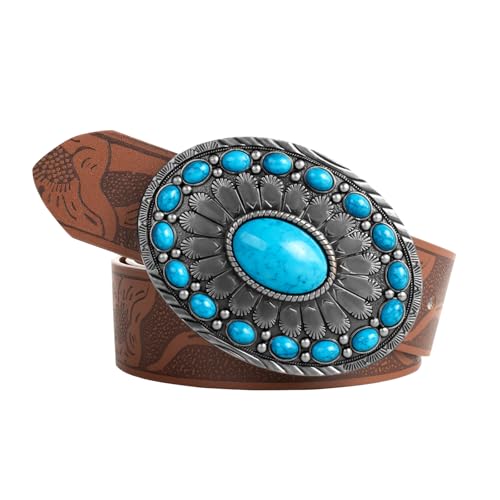 Women's Western Genuine Leather Belt Turquoise Buckle Cowgirl Country Style