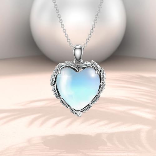 Genuine Gemstone Heart Necklaces for Women 925 Sterling Silver Natural Turquoise/Rose Quartz/Moonstone Pendant Vintage Western Jewelry Gift for Mom Wife Her