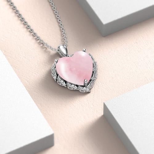 Genuine Gemstone Heart Necklaces for Women 925 Sterling Silver Natural Turquoise/Rose Quartz/Moonstone Pendant Vintage Western Jewelry Gift for Mom Wife Her