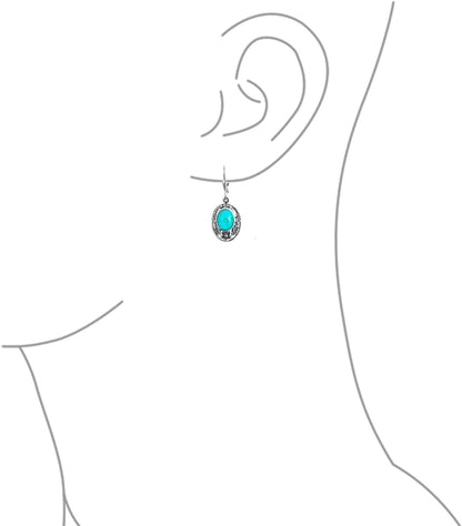 Boho Native American Style Marquise Shaped Gemstone Stabilized Blue Turquoise Coral Leaf Feather Dangling Earrings Western Jewelry For Women Teens Lever Back Oxidized .925 Sterling Silver