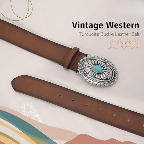 Women's Western Genuine Leather Belt Vintage Turquoise Buckle Cowgirl Concho Belt