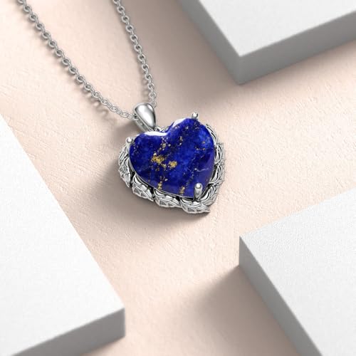 Genuine Gemstone Heart Necklaces for Women 925 Sterling Silver Natural Turquoise/Rose Quartz/Moonstone Pendant Vintage Western Jewelry Gift for Mom Wife Her