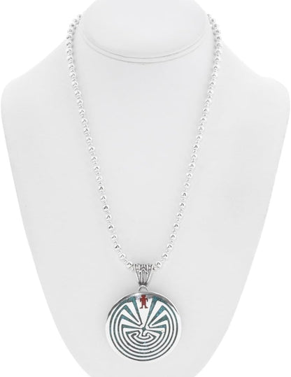 Alltribes Man In The Maze Turquoise Coral Sterling Pendant Inlaid Concho With Silver Bead Necklace 0084