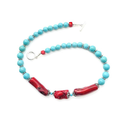 Large Bamboo Coral Beads, Blue Turquoise Beads Southwestern Necklace, Tibetan style spacers Silver Plated Toggle Clasp