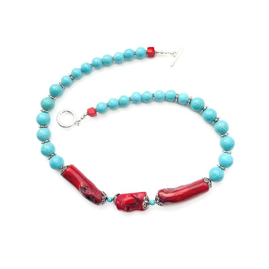 Large Bamboo Coral Beads, Blue Turquoise Beads Southwestern Necklace, Tibetan style spacers Silver Plated Toggle Clasp