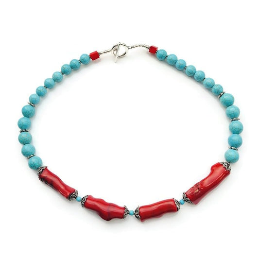 Large Bamboo Coral Beads, Blue Turquoise Beads Southwestern Necklace, Tibetan style spacers Silver Plated Toggle Clasp