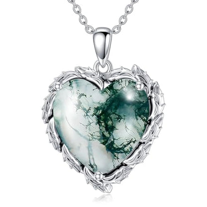 Genuine Gemstone Heart Necklaces for Women 925 Sterling Silver Natural Turquoise/Rose Quartz/Moonstone Pendant Vintage Western Jewelry Gift for Mom Wife Her