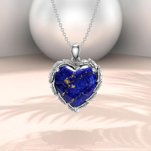 Genuine Gemstone Heart Necklaces for Women 925 Sterling Silver Natural Turquoise/Rose Quartz/Moonstone Pendant Vintage Western Jewelry Gift for Mom Wife Her