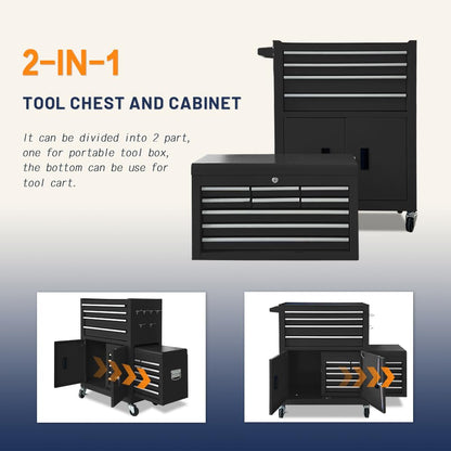 13-Drawer Double Door Rolling Tool Chest, 2 in 1 Detachable Tool Chest,Tool Box with Drawers and Wheels, Large Tool Cabinet with Lock, Metal Standing Toolbox for Garage Workshop-Red