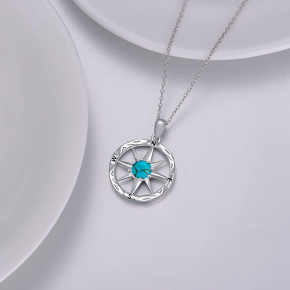 Compass Necklace 925 Sterling Silver Genuine Turquoise Nautical Compass Pendant Dream Graduation Inspirational Jewelry Gifts for Women