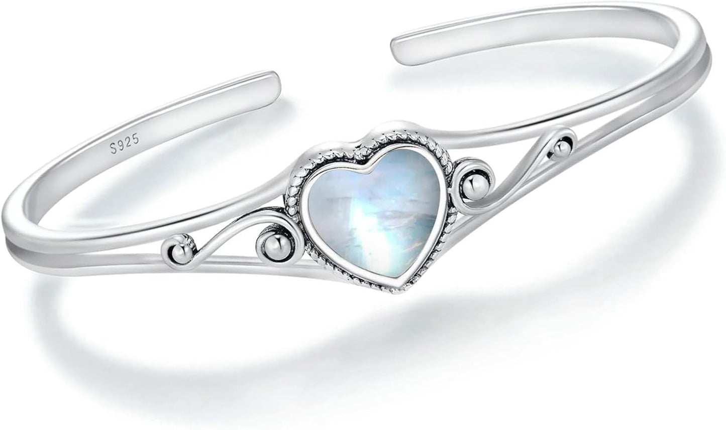 Genuine Turquoise Bracelet, Sterling Silver Native American Boho Adjustable Heart Bangle Cuff Jewelry for Women, Fit for 6.5 7 7.5 Inches