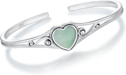 Genuine Turquoise Bracelet, Sterling Silver Native American Boho Adjustable Heart Bangle Cuff Jewelry for Women, Fit for 6.5 7 7.5 Inches