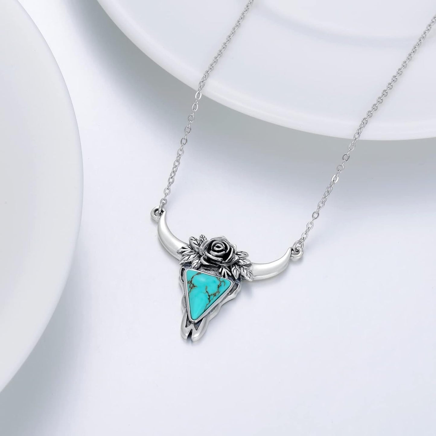 Turquoise Cow Skull Necklace 925 Sterling Silver Head Skull Pendant Bohemian Western Jewelry Gifts for Women Cowgirl