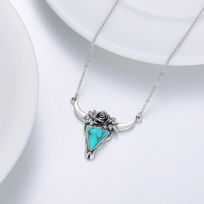 Turquoise Cow Skull Necklace 925 Sterling Silver Head Skull Pendant Bohemian Western Jewelry Gifts for Women Cowgirl