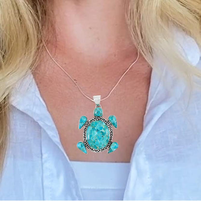 Turtle Turquoise Pendant Necklace 20" Sterling Silver 925 Genuine Gemstones (Choose Color)