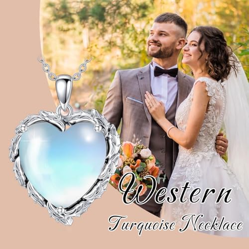 Genuine Gemstone Heart Necklaces for Women 925 Sterling Silver Natural Turquoise/Rose Quartz/Moonstone Pendant Vintage Western Jewelry Gift for Mom Wife Her