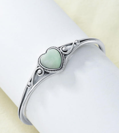 Genuine Turquoise Bracelet, Sterling Silver Native American Boho Adjustable Heart Bangle Cuff Jewelry for Women, Fit for 6.5 7 7.5 Inches