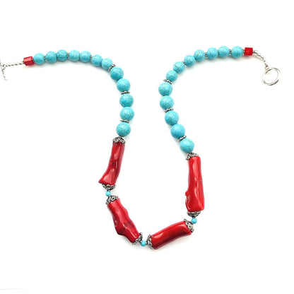 Large Bamboo Coral Beads, Blue Turquoise Beads Southwestern Necklace, Tibetan style spacers Silver Plated Toggle Clasp