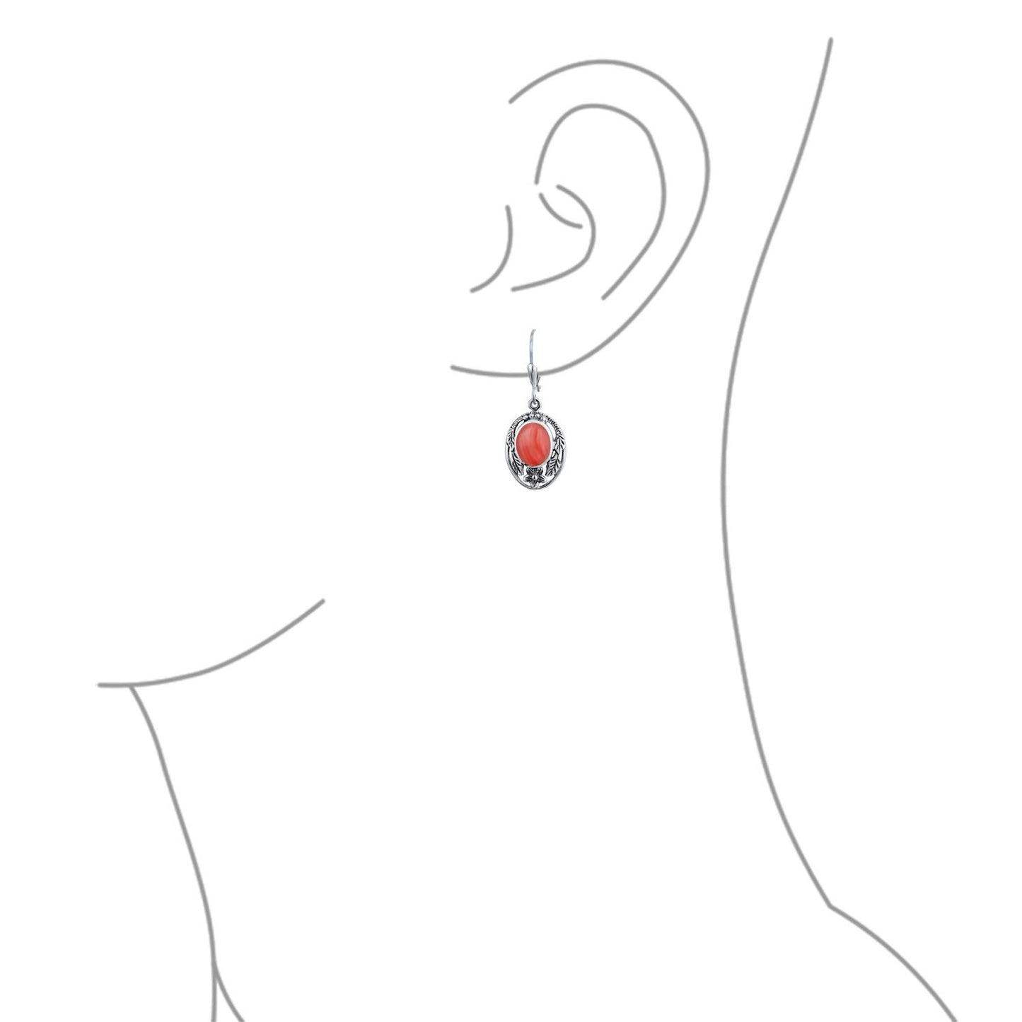 Boho Native American Style Marquise Shaped Gemstone Stabilized Blue Turquoise Coral Leaf Feather Dangling Earrings Western Jewelry For Women Teens Lever Back Oxidized .925 Sterling Silver
