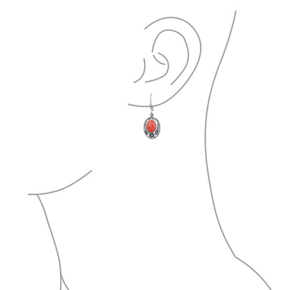 Boho Native American Style Marquise Shaped Gemstone Stabilized Blue Turquoise Coral Leaf Feather Dangling Earrings Western Jewelry For Women Teens Lever Back Oxidized .925 Sterling Silver