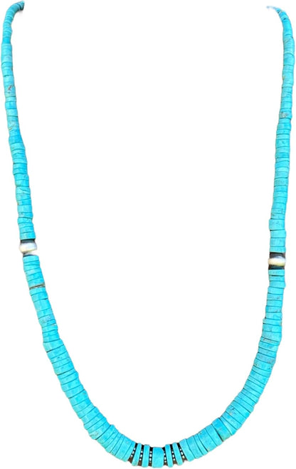 Sterling Silver Graduated Heishi Turquoise Bead Necklace. 18 inch, Blue