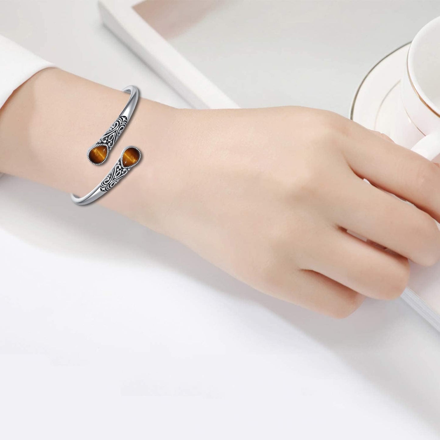 925 Sterling Silver Genuine Gemstone Bracelet for Women Men Handmade Adjustable Boho Navajo Style Bangle Cuff Natural Stone Jewelry Gift