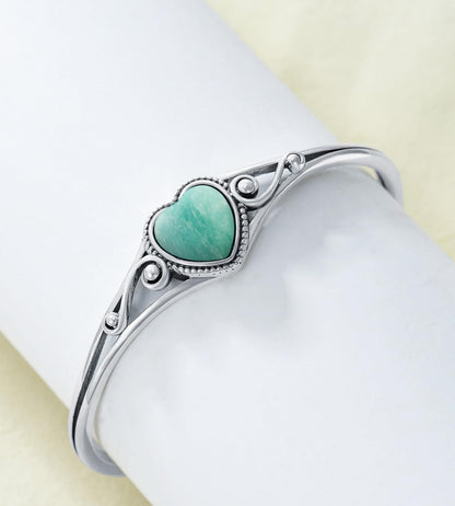 Genuine Turquoise Bracelet, Sterling Silver Native American Boho Adjustable Heart Bangle Cuff Jewelry for Women, Fit for 6.5 7 7.5 Inches