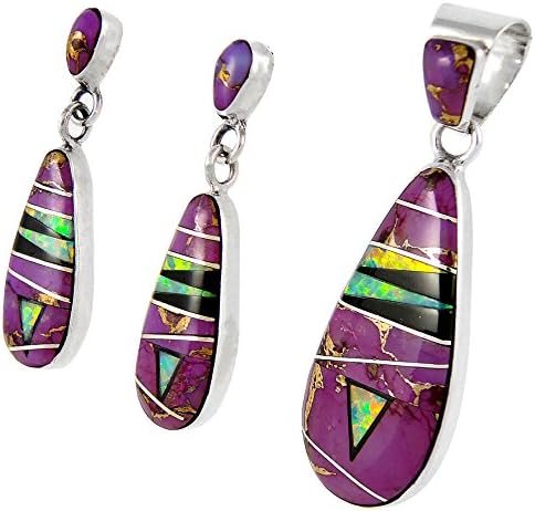 Matching Turquoise & Gemstones Set 925 Sterling Silver (Pendant, Earrings, Necklace 20")